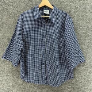BonWorth Shirt Women L Large Blue Plaid Button Up Collared 3/4 Sleeve Cotton